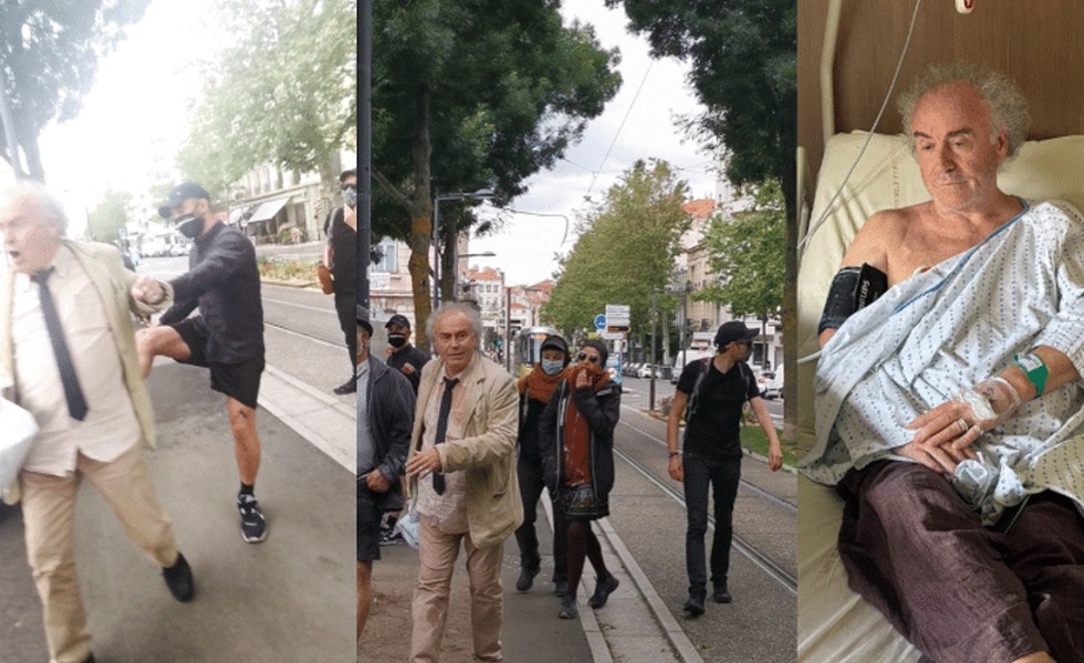 Deux images montrent Hervé Breuil après son agression : à gauche, il est soutenu et évacué; à droite, il apparaît assis avec le bras immobilisé.
