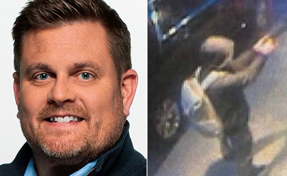 Montage réunissant un portrait de Brian Thompson et une image de vidéosurveillance montrant un homme masqué recherché après la fusillade.