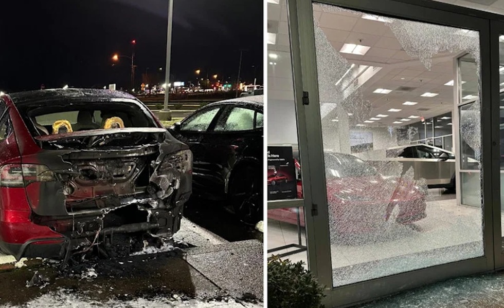 Montage montrant l’arrière calciné d’un véhicule Tesla et la vitrine fracassée d’un établissement de la marque.